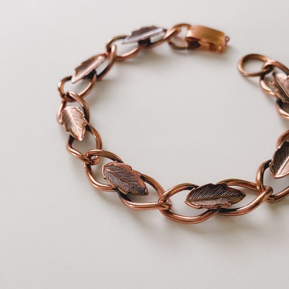 Vintage Copper Leaf Feather Southwest NativeStyle Boho Chain Link Bracelet - Picture 4 of 10